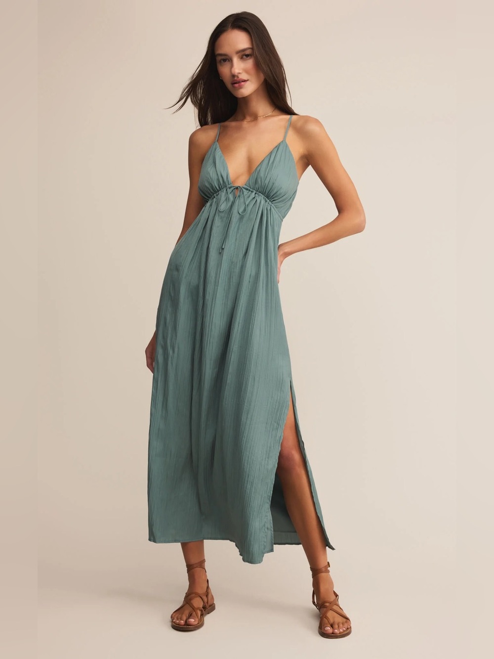 🆕 Z SUPPLY-MANON SATIN MAXI SLIP DRESS W/ SIDE SLIT IN SEA PINE NWT SZ MED